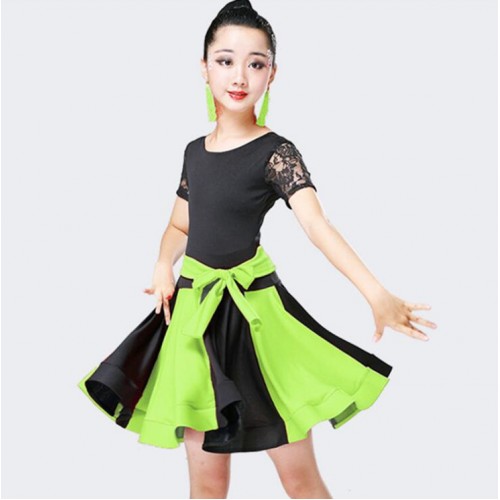 wholesale Girls latin dance dresses patchwork black red green competition salsa rumba chacha dance dresses